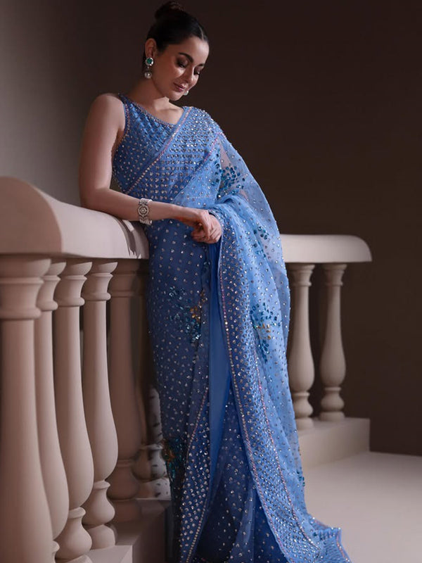 Muse Luxe - Bonnie Blue Saree (STITCHED) | 3pcs | Ready-To-Wear Saree Dress (All Sizes)🧵⚡